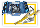 Toolbox, hammer, spirit level and cement grauging trowel