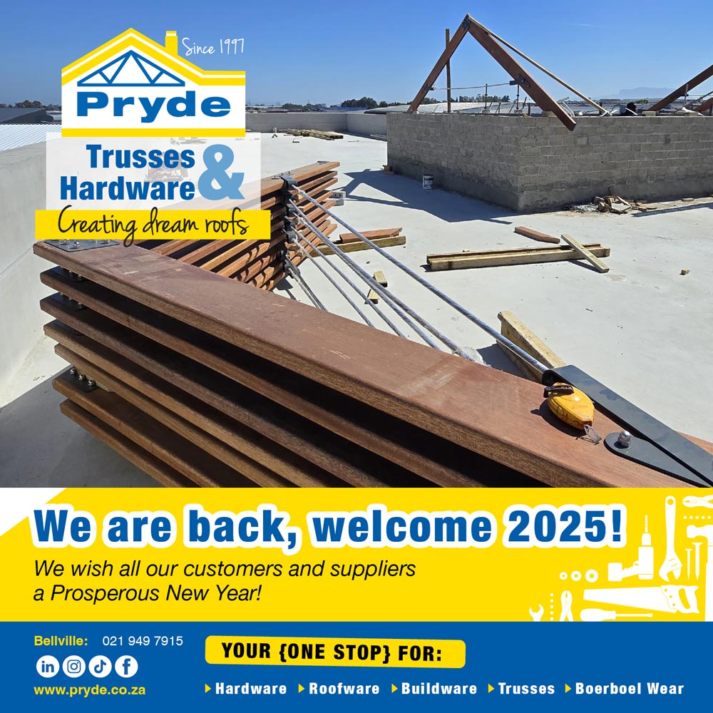 Image of Table Mountain in Cape Town, our Pryde Trusses and Hardware logo and our builders holiday closure times.
